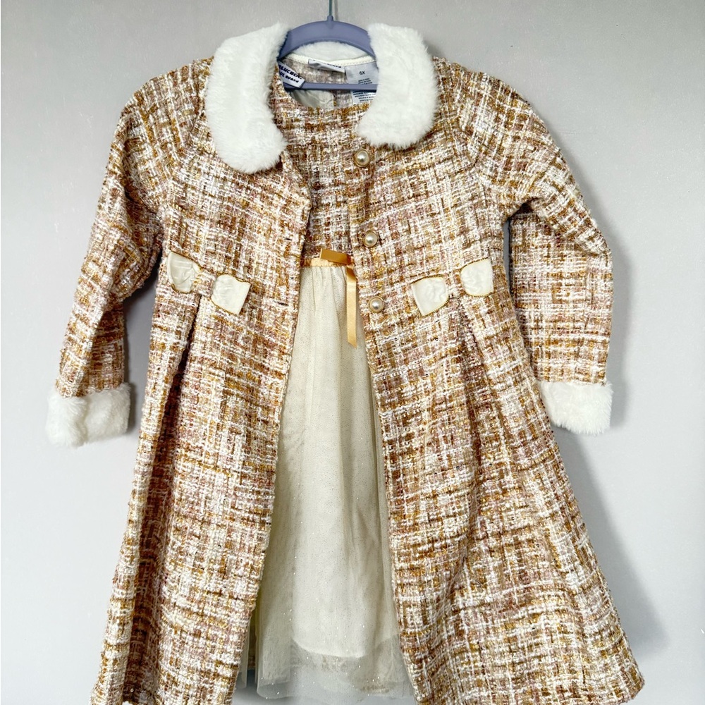 Little Girls Dress and Coat Cream Brown Kids Coat Dress Set size Toddler 6x
